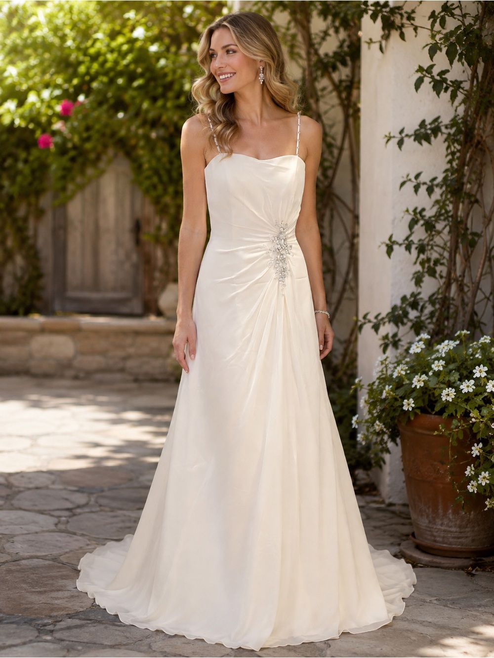 Vintage Elegant Ivory Spaghetti-Strap A-Line Dress with Side Embellishment “E8”